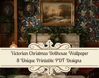 Dollhouse Christmas Wallpaper, Victorian Style Miniature Green Patterns (Digital PDF)