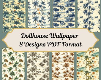 Vintage Beach Dollhouse Wallpaper, Miniature Palm Tree Prints (PDF Pattern)