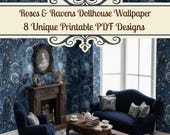Dollhouse Wallpaper PDF: Frosted Roses & Ravens Pattern, Winter Gothic Miniatures Décor