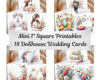 Mini tarjetas de boda imprimibles de 1 pulgada, juego de tarjetas de felicitación para casa de muñecas, arte floral para novios, decoración de boda en miniatura a escala 1:12