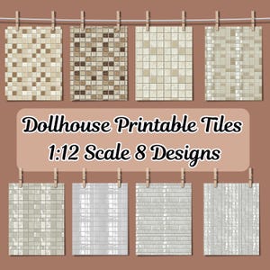 Poppenhuis: schaal 1:12 klassieke metrovloertegels, vintage wandtegels, mokka-mousse, beige witte metro, miniatuurvloeren printables