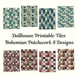 Poppenhuis 1:12 Boho patchwork tegels x 8 A4 afdrukbare digitale pdf-bladen voor vloer of behang, DIY poppenhuis decor, Tiny House