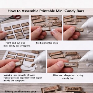 May include: Step-by-step instructions for assembling printable mini candy bars. The image shows the process, including printing, cutting, folding, gluing, and shaping the miniature Snickers bars. The text on the wrappers reads "SNICKERS".