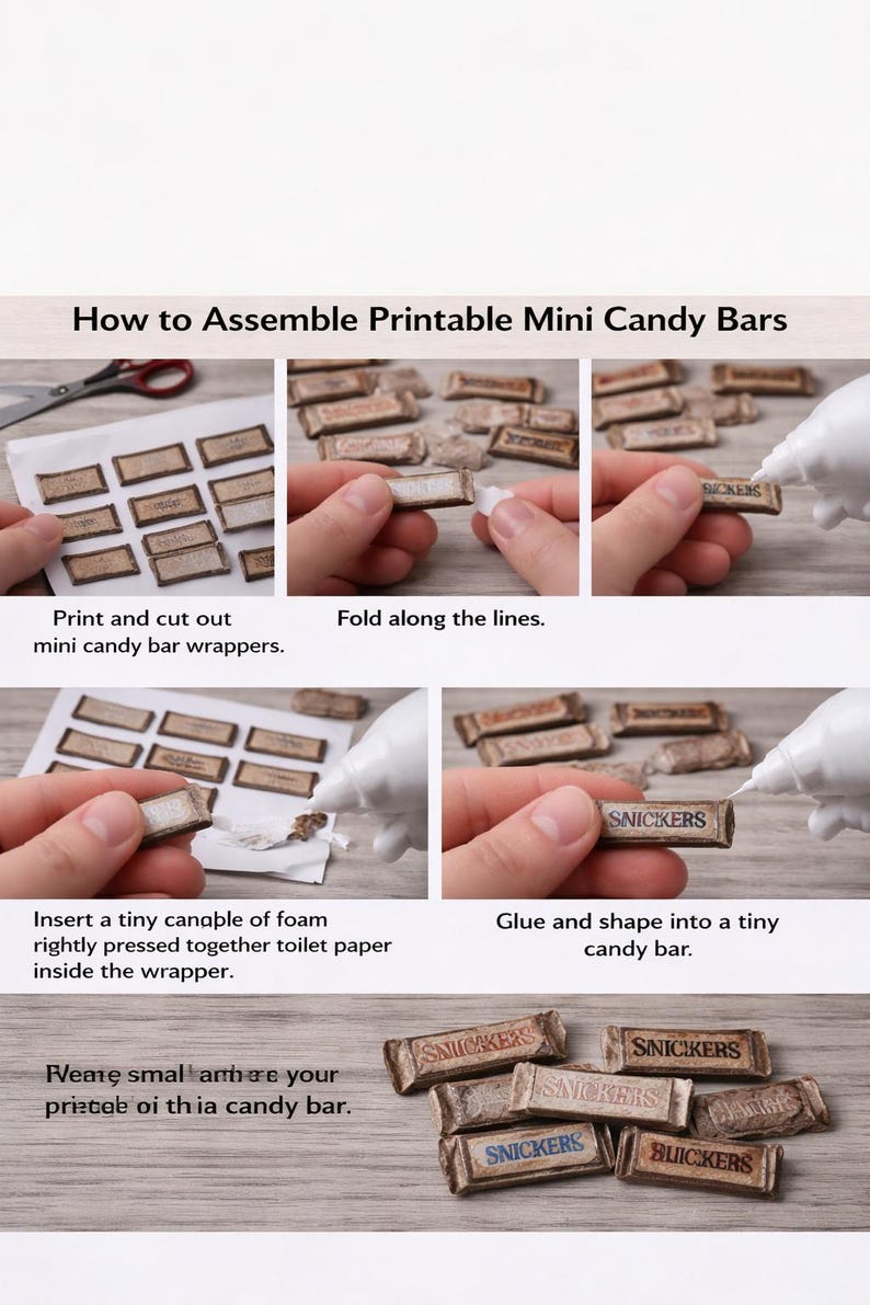 May include: Step-by-step instructions for assembling printable mini candy bars. The image shows the process, including printing, cutting, folding, gluing, and shaping the miniature Snickers bars. The text on the wrappers reads "SNICKERS".