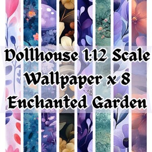 Poppenhuis: schaal van 1:12 betoverde tuin behang x 8 A4 afdrukbare digitale pdf-downloadbladen herhalend betegeld naadloos minimalistisch patroon