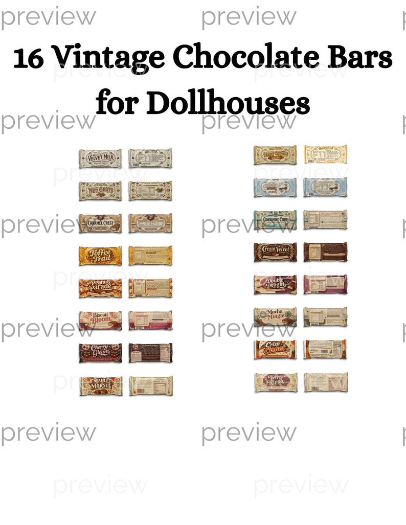 16 Vintage Chocolate Bars for Dollhouses, Printable 1 12 Scale Retro Candy Wrappers for Miniature Sweet Shop Accessory