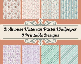 Papel pintado para casas de muñecas victorianas, 8 diseños imprimibles en tonos pastel (descarga digital)
