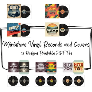Puede incluir: Una colección de discos de vinilo y portadas en miniatura. Las portadas presentan diseños para Blues, Latin Dance Hits, Britpop Essentials, Country Classics, Soul Greats, Reggae y Hits de los 70. El texto dice "Miniature Vinyl Records and Covers, 12 Designs Printable PDF File."