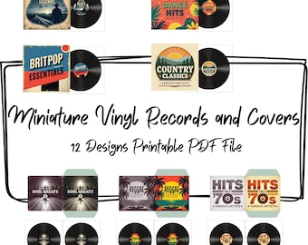 Miniature Vinyl Records Printable: Dollhouse Music Decor, 12 Genre Designs, PDF Download
