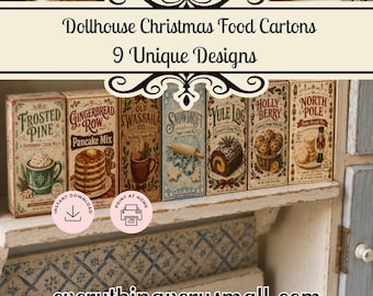 Cajas de comida navideñas para casa de muñecas, mini despensa navideña imprimible, set de comestibles a escala 1:12, descarga digital