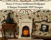 Roses and Crows Dollhouse Wallpaper Printable, Halloween Miniature Decor PDF, Gothic Rose Crow Wall Art, 8 Designs