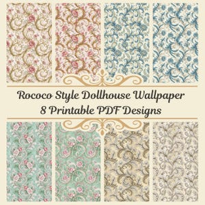 ミニチュアロココ調の印刷可能なドールハウス壁紙、1:12スケールのヴィンテージ花柄＆渦巻き模様のデジタル装飾（18世紀のミニチュア用）