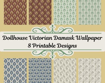 Papel pintado victoriano de damasco para casas de muñecas, 8 diseños imprimibles (descarga digital)