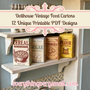 May include: A shelf displays miniature vintage food cartons for a dollhouse. The cartons include "Cereal," "Sugar," "Cookies," and "Flour." The cereal box is brown with a bowl of cereal. The sugar box is white with the word "Sugar." The cookie box is brown with cookie illustrations. The flour box is yellow.