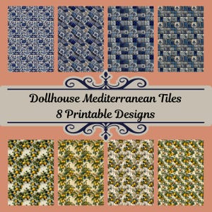 Mediterranean Tile Printables PDF, Dollhouse Miniature Tiles, Blue Floral Tiles, Citrus Fruit Tile Designs, Digital Download