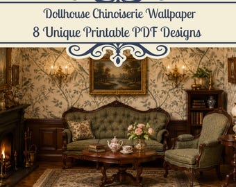 Dollhouse Chinoiserie Wallpaper 1:12 Scale Printable PDF x 8 Designs Blue White Pink Sage Black Gold Miniature Decor