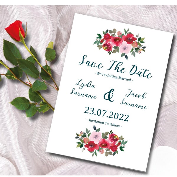 Lydia Floral Save The Date Card | Red And Pink Roses Save The Date | Printable Save The Date | Save The Date Template | A6 Floral Design