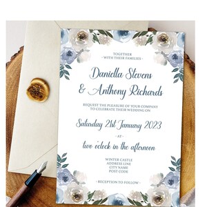 Faire-part de mariage floral Daniella | Faire-part de mariage rose bleu et gris-blanc | Faire-part de mariage modifiable | Faire-part de mariage A5 PDF