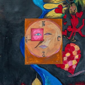 May include: Abstract painting with a surreal theme. A clock face with a face is overlaid with a red square containing an eye. Red hearts, a cupid, and a cityscape are also depicted. The color palette includes orange, red, blue, and gold.