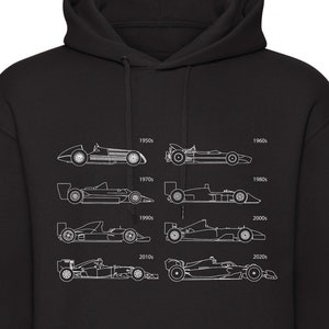 Pode incluir: Camisola de capuz preta com um contorno branco de carros de corrida de F&oacute;rmula 1 de diferentes d&eacute;cadas, come&ccedil;ando na d&eacute;cada de 1950 e terminando na d&eacute;cada de 2010.