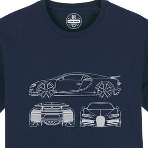 May include: A navy blue t-shirt featuring a white outline of a Bugatti Chiron car in three different views: side, front, and rear.