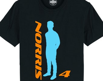 May include: Black t-shirt featuring an orange "NORRIS" graphic and a blue silhouette of a person. The number "4" is also printed in orange.