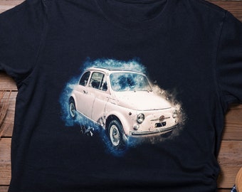 May include: A dark blue t-shirt with a white vintage Fiat car graphic. The car is surrounded by a blue watercolor effect.