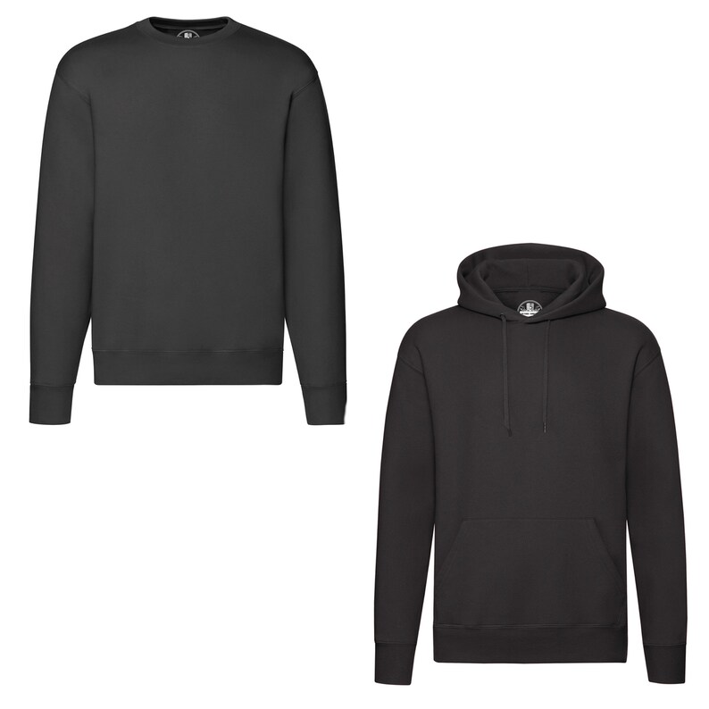 Pode incluir: Duas sweatshirts pretas, uma com capuz e outra sem. Ambas t&ecirc;m mangas compridas e um bolso canguru.