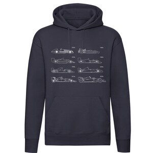Pode incluir: Uma camisola de capuz azul marinho com um contorno branco de carros de F&oacute;rmula 1 de diferentes d&eacute;cadas. Os carros est&atilde;o etiquetados com as d&eacute;cadas que representam: 1950, 1960, 1970, 1980, 1990, 2000, 2010 e 2020.