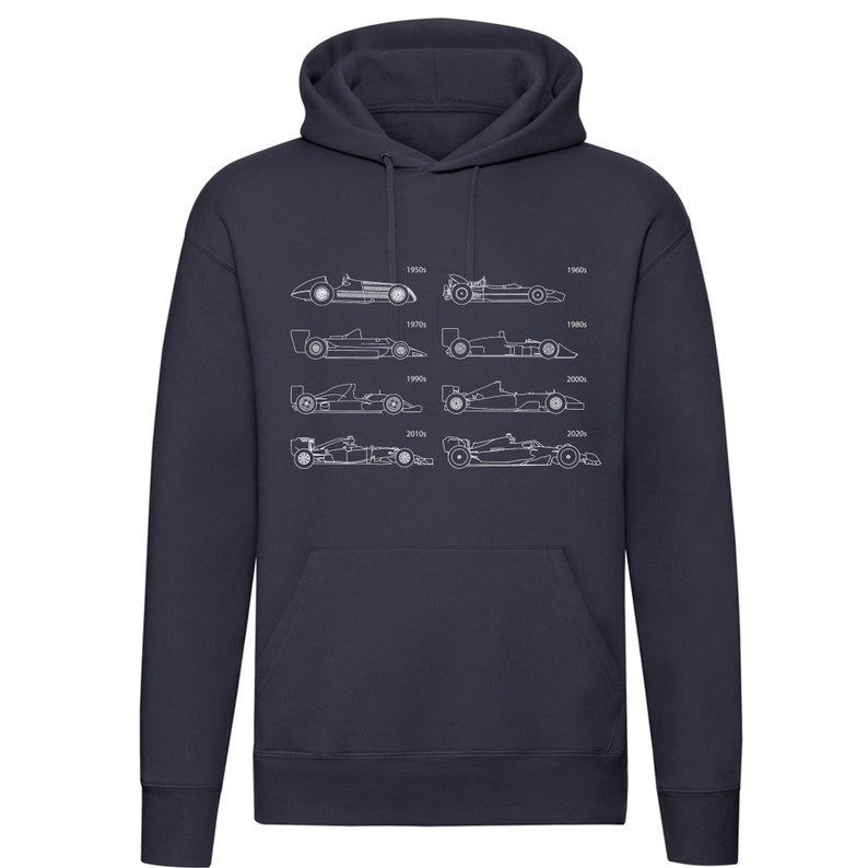 Pode incluir: Uma camisola de capuz azul marinho com um contorno branco de carros de F&oacute;rmula 1 de diferentes d&eacute;cadas. Os carros est&atilde;o etiquetados com as d&eacute;cadas que representam: 1950, 1960, 1970, 1980, 1990, 2000, 2010 e 2020.