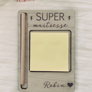 Bloc note en bois personnalisé, cadeau maitre, maîtresse nounou, atsem, école