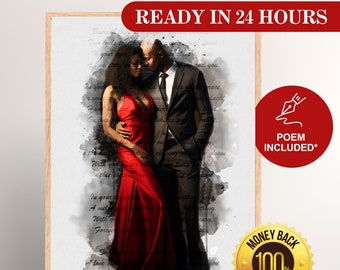 Personalized Watercolor Couple Portrait with Poem (Digital Artwork)