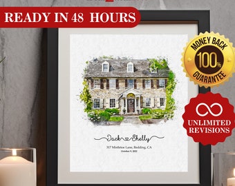 Custom Watercolor House Portrait, New Homeowner Gift (Digital)