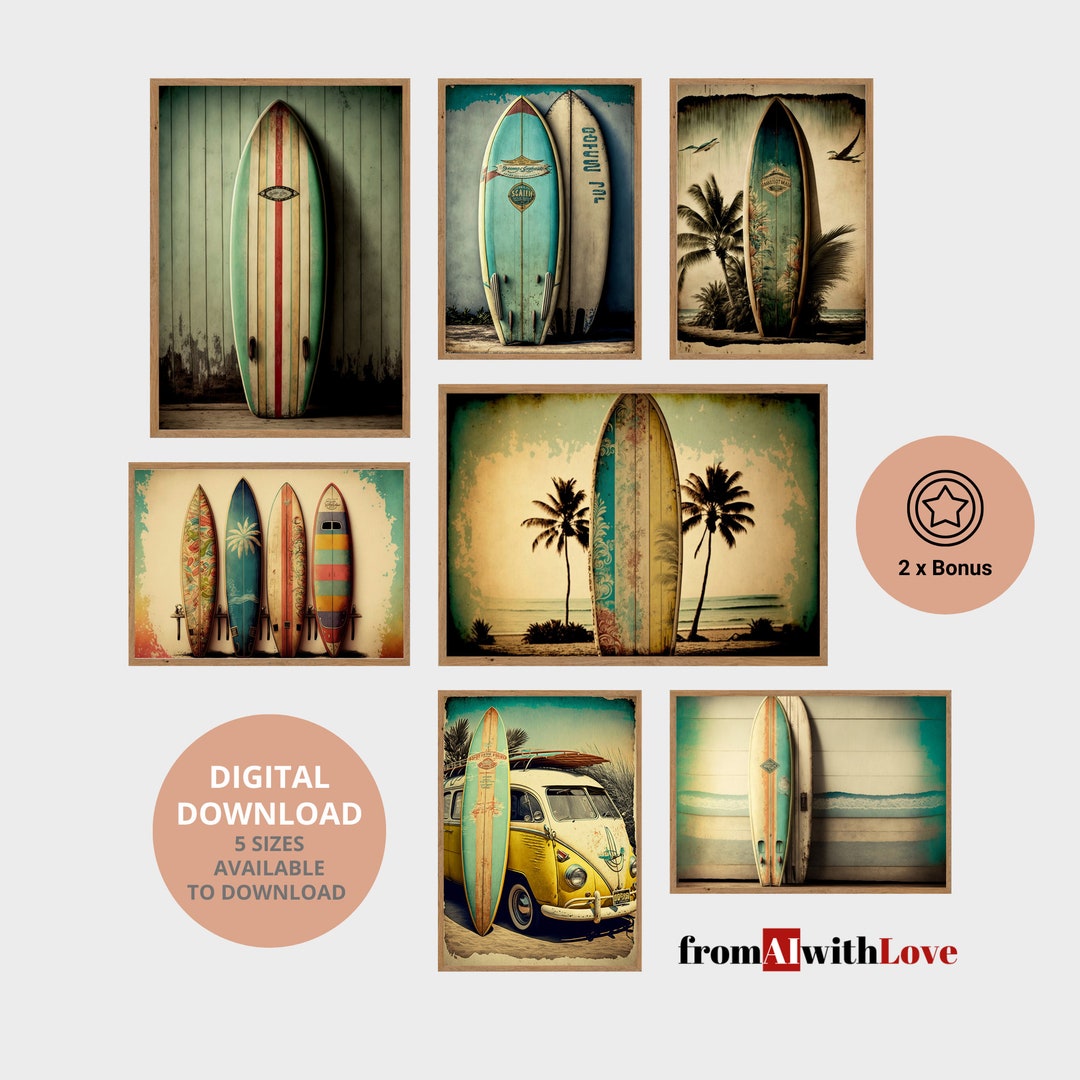 Vintage Surfboard Wall Art SET, AI Generated, Printable Wall Art, Coastal Surf Decor, Vintage
