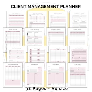 May include: A printable client management planner with 38 pages in A4 size. The planner includes sections for lead generation, daily call tracker, meeting planner, online events planner, client tracking, client follow up, daily call tracker, closing tracker, client intake form, contact list, services, client order form, account information, client profile, client profile, and client details.