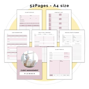 May include: A pink and white client management planner with 52 pages. The planner includes sections for client details, contact list, lead generation, daily call tracker, online events planner, and client profile. The cover features a woman on a phone call.