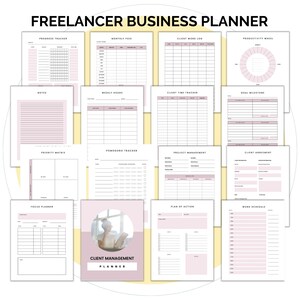 May include: A printable planner for freelancers with sections for progress tracking, monthly fees, client work log, productivity wheel, notes, weekly hours, client time tracker, goal milestones, priority matrix, pomodoro tracker, project management, client agreement, focus planner, plan of action, and work schedule. The planner also includes a section for client management.
