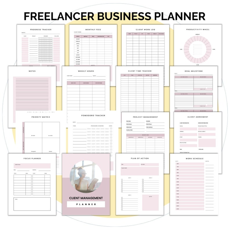 May include: A printable planner for freelancers with sections for progress tracking, monthly fees, client work log, productivity wheel, notes, weekly hours, client time tracker, goal milestones, priority matrix, pomodoro tracker, project management, client agreement, focus planner, plan of action, and work schedule. The planner also includes a section for client management.