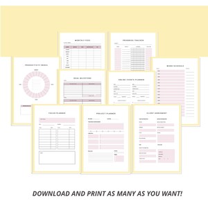 May include: A set of printable planner pages with a pink and white color scheme. The pages include a productivity wheel, monthly fees, progress tracker, goal milestones, online events planner, work schedule, focus planner, project planner, and client agreement.