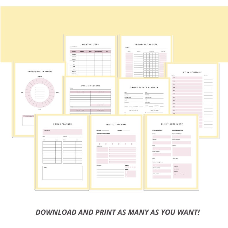 May include: A set of printable planner pages with a pink and white color scheme. The pages include a productivity wheel, monthly fees, progress tracker, goal milestones, online events planner, work schedule, focus planner, project planner, and client agreement.