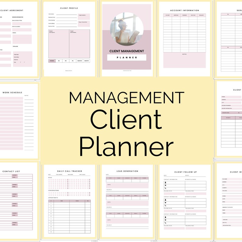 May include: A printable client management planner with sections for client profile, work schedule, contact list, daily call tracker, lead generation, client follow up, and client information. The planner has a pink and white color scheme.