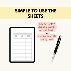 May include: A digital printable offering service sheet with a title "OFFERING SERVICE" and columns for "Name of Product/Service", "Price", and "Other Notes". The sheet can be filled out digitally on Adobe Acrobat Reader or printed and filled out by hand. A black fountain pen is shown next to the sheet.