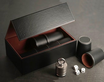 Dice case with shock cutlery, 8 cups and 40 dice for a shock puzzle drinking game