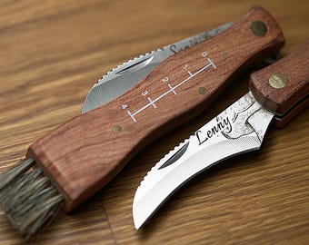 Personalized mushroom knife with engraving – gift for mushroom hunters – folding knife made of wood & stainless steel – outdoor knife for collecting porcini mushrooms