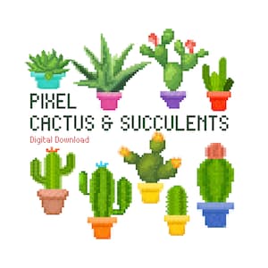 Retro Pixel Cactus Clipart BUNDLE / Clip Art Suculenta Sublimación / Plant lovers junk journal / Stickers scrapbook Digital Download / PNG