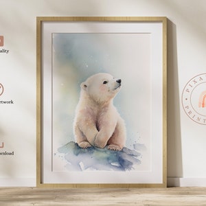 Baby Polar Bear Wall Art Print ~ Arctic Nursery ~ Printable Digital Download ~ Natural Watercolor Polar Bear Painting