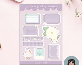 May include: A sheet of spring flowers journaling stickers in pastel colors. The stickers include various shapes like rectangles, labels, and a flower. A cartoon duck wearing a hat is also featured. The text "Spring flowers journalling sticker sheet" is at the top.