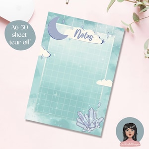 Celestial notepad, A6, cute stationery, memo pad, pastel paper, moon and stars, crystals, kawaii art, to do list, soft whimsical fantasy art