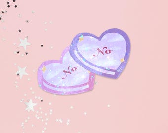 May include: Two heart-shaped stickers with the word "No" in cursive. The stickers are light purple with a glittery effect and a pink border. The background is pink with star-shaped confetti.