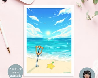 May include: A print featuring a beach scene with a golden key and a yellow star. The artwork depicts a bright blue sky with fluffy clouds, a turquoise ocean, and a sandy shore. Text on the print reads "A4/A5/A6 sizes available."
